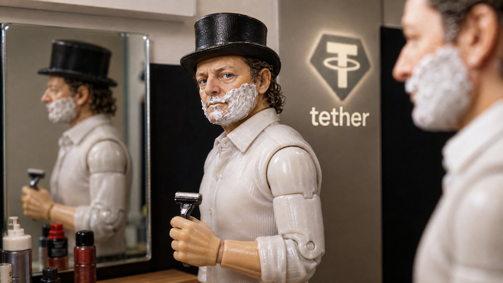 Mago Merlino shaving in front of the Tether logo